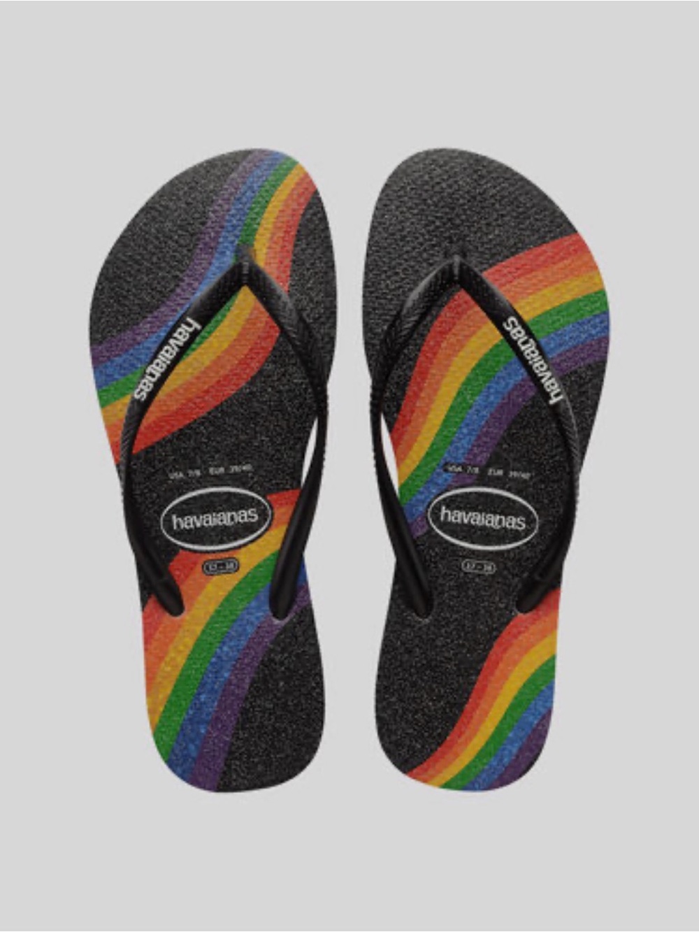 HAVAIANAS Black Glitter Flip Flops with Rainbow Stripes